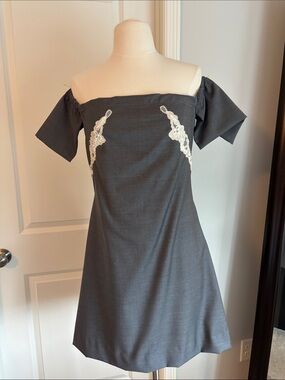 Off-Shoulder Charcoal Dress with White Lace Accents
